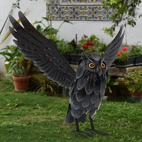 Miniatura 7 de Natelf Esculturas y estatuas de señuelo de búho solar, decoración de Halloween, metal de pie disuasorio para asustar a los pájaros ardillas lejos