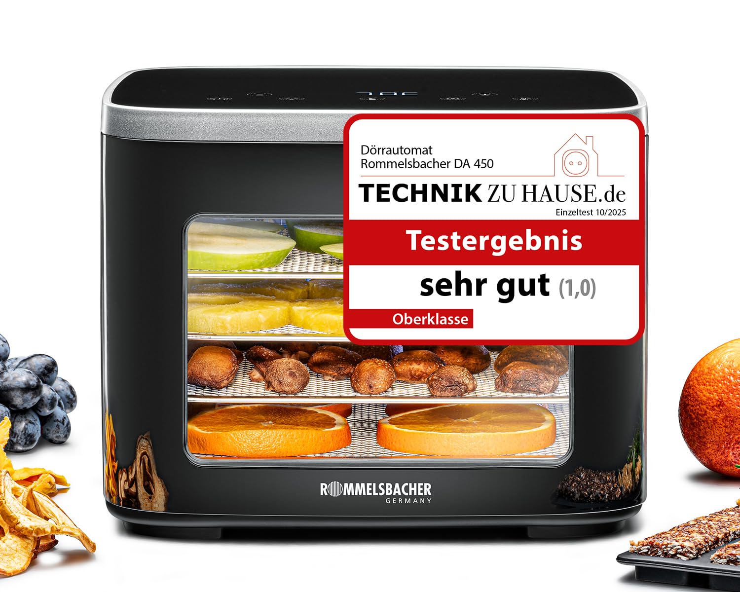 ROMMELSBACHER Dörrautomat DA 450, Dörrfläche 0,2 m², inkl. 5 Edelstahl-Dörrtabletts, 1 Dörrgitter, 1 Dörrunterlage, 2 Müsliformen, LCD-Display, 99 Std. Timer, Temperatur einstellbar (35 °C – 80 °C)