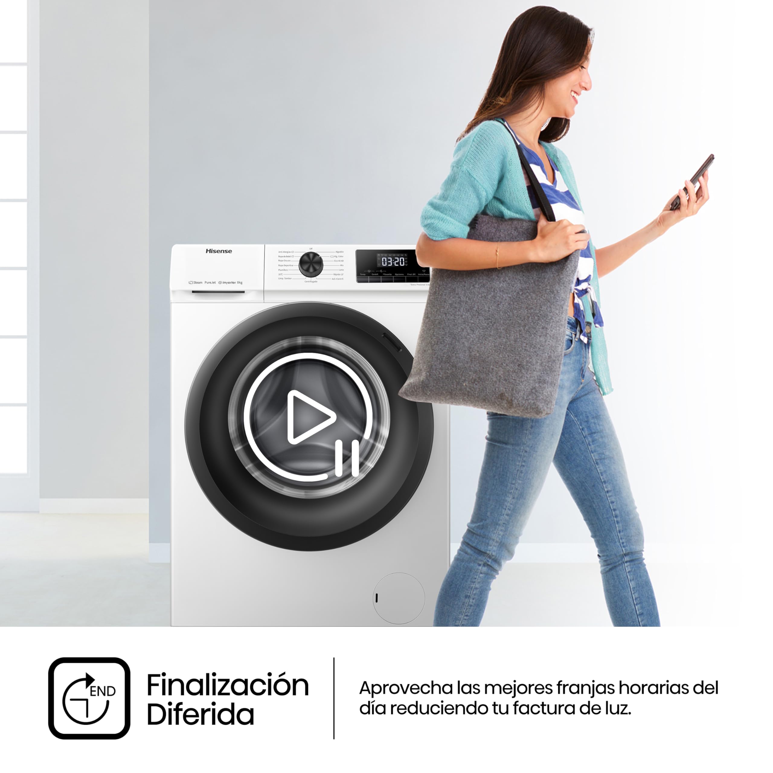 Hisense WFQE8014EVJM Lavadora 8 Kg, 1400 rpm, 15 Programas Automáticos, Vapor, Motor Inverter, Clase Eficiencia Lavado A, Pantalla LED, Programa Rápido, PureJet, Blanco