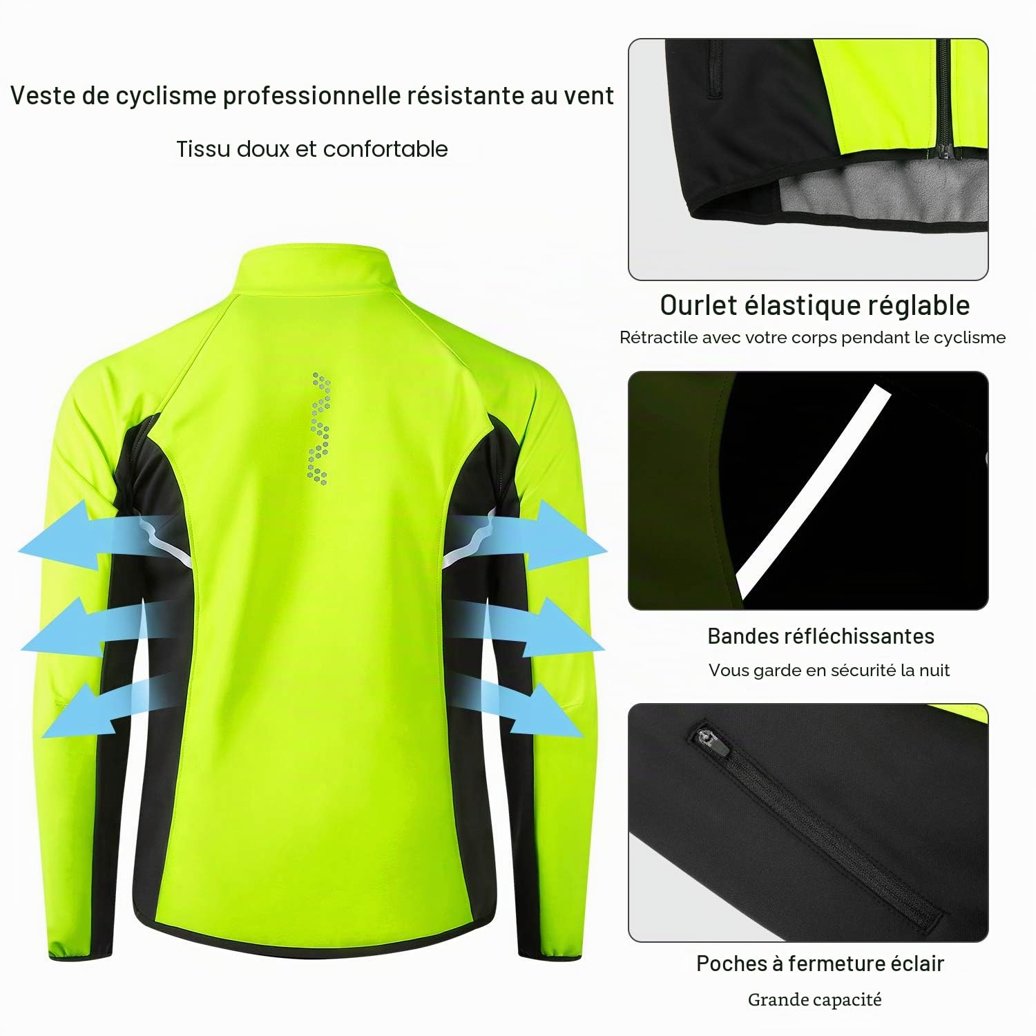 LAMEDA Veste Homme Hiver Chaud Blouson Homme Impermeable Manteau Homme Hiver Coupe-vent pour Randonné, Travail, Cyclisme, Velo, VTT, Running, Excercice, Alpinisme Noir&Vert