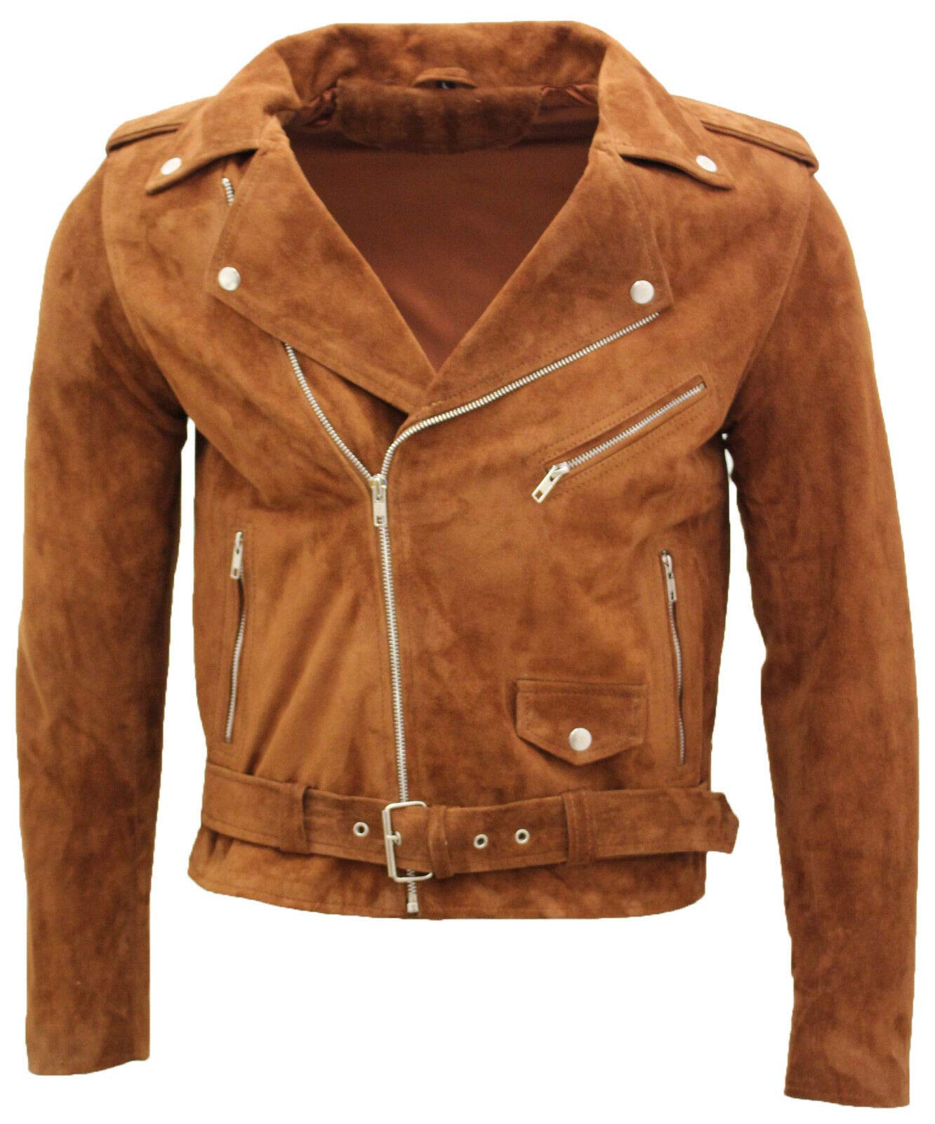Men's Classic Brando Casual Tan Suede Leather Biker Jacket XL