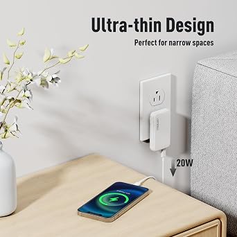 Ultra-Thin 20W USB-C PD Fast Portable Charger, 2-Port Wall Charger, Dual Port PD 3.0& QC 3.0 Compatible for iPhone 15 &15 Pro, 14&14Pro, 13/ 13Pro/ 12/12Pro/ Pixel 8& 8 Pro