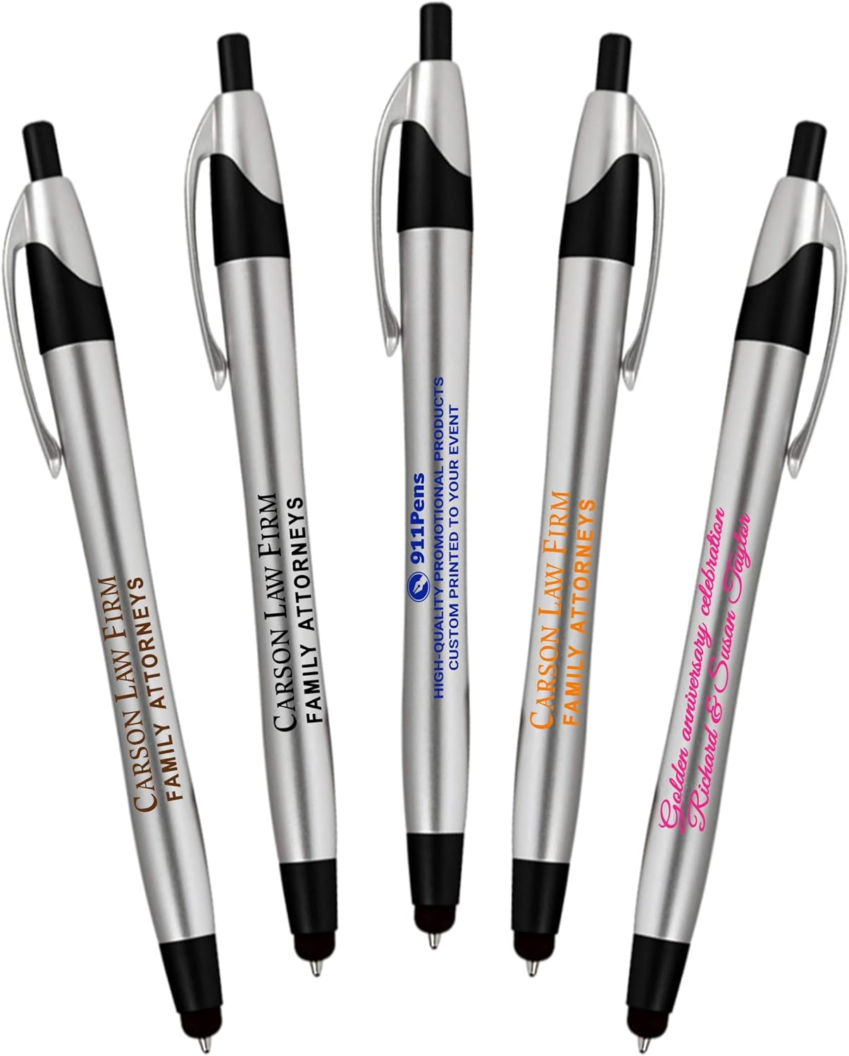 Personalized Writing Ink Ballpoint Novelty Pens, Custom Printed with Your Logo & Text "Click to Write - Click for Stylus Tip!" Works with Android, iPhone, iPads (Pack of 2,250 Pens - Black Barrels)