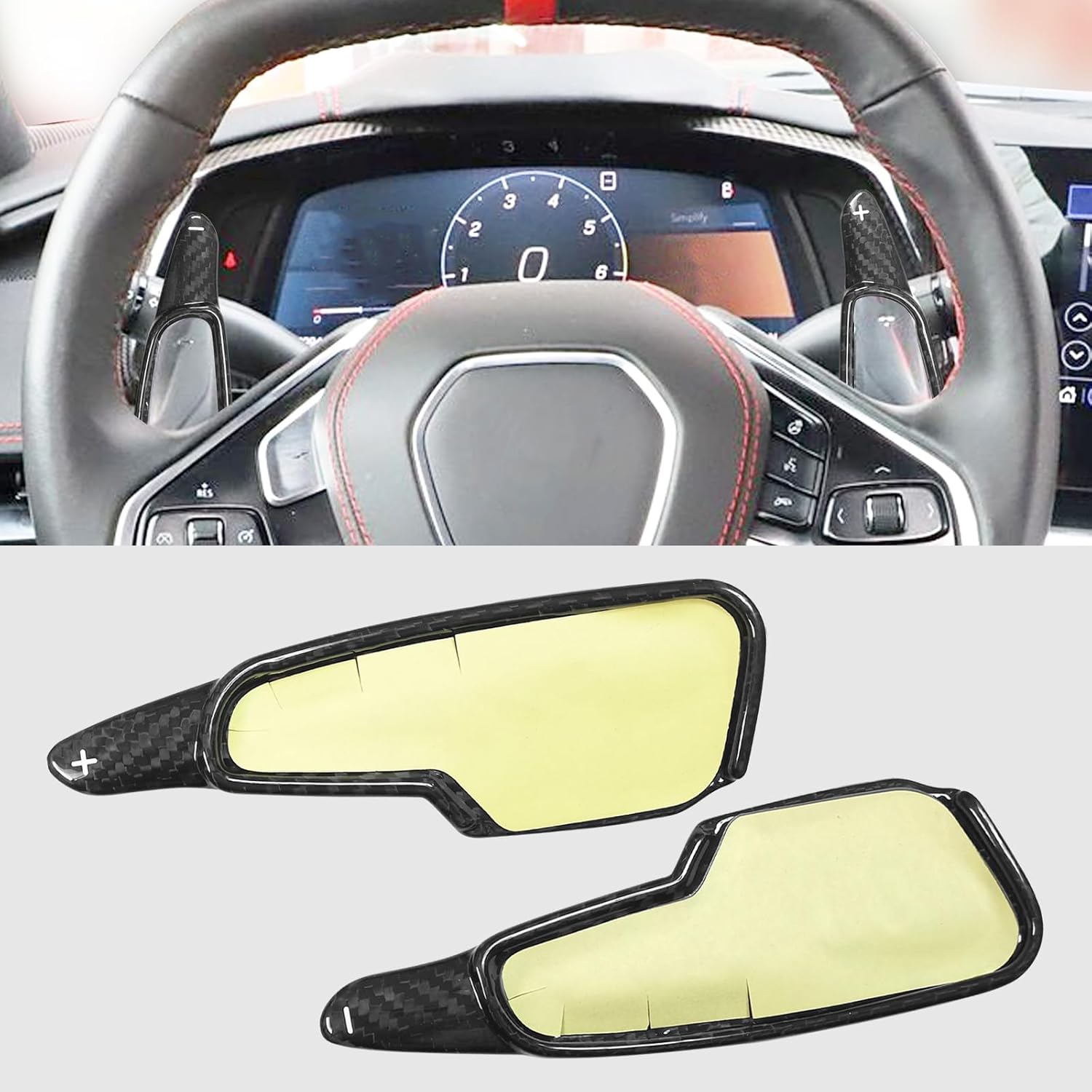 Compatible with Corvette C8 Real Carbon Fiber Steering Wheel Shift Paddle Extended Cover Trims Accessories (Black 2PCS)