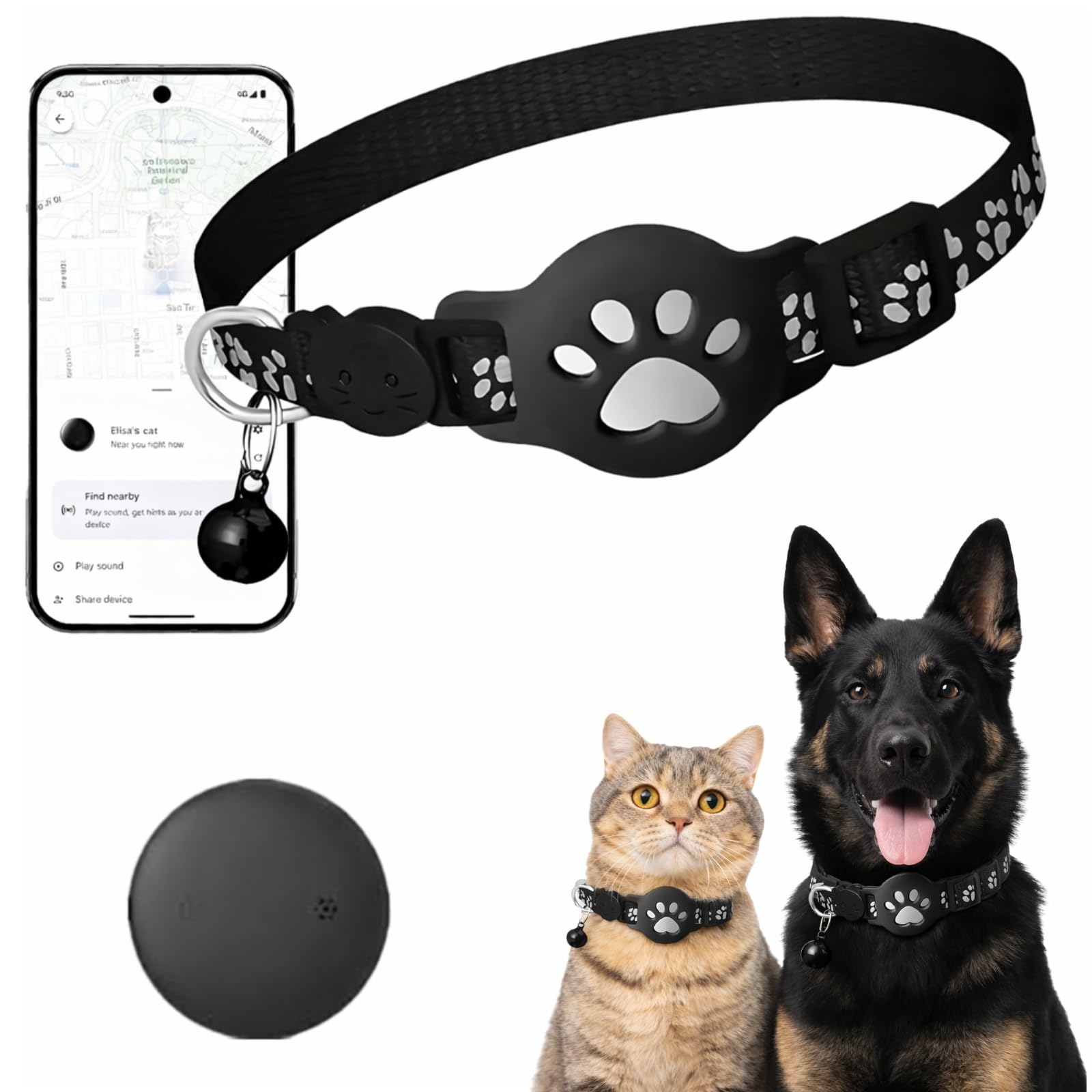 Collier GPS Chat, 2026 Nouveau Traceur GPS Chat Tracker, sans Carte SIM, sans Abonnement Mensuel, Localisation Temps Réel, Imperméable et Durable (Nior)