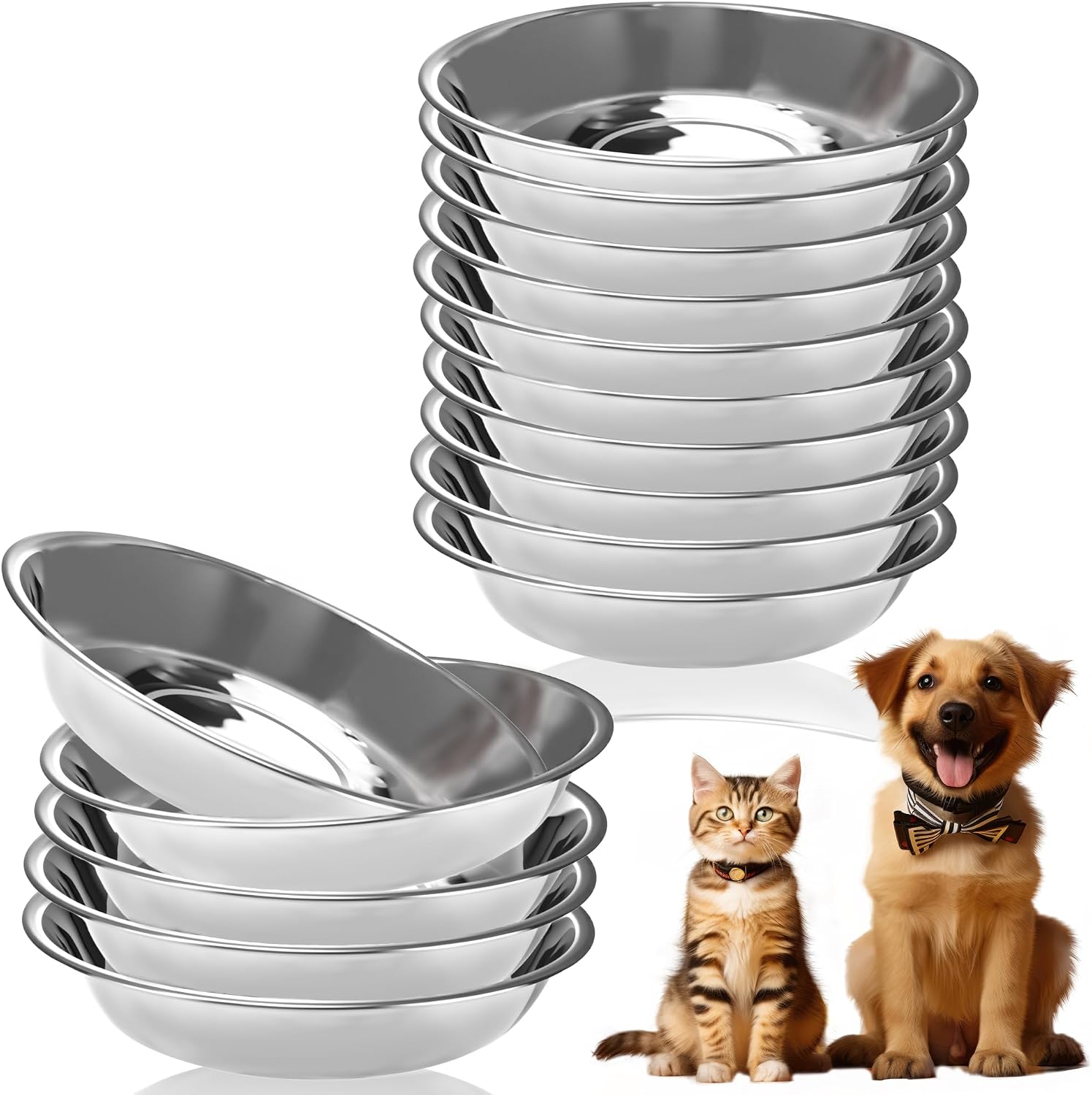 15 Pcs Stainless Steel Cat Bowls Shallow Wide Cat Food Bowls Whisker Fatigue Relief Pet Feeding Water Replacement Dishes Kitten Puppy Metal Basic Plates