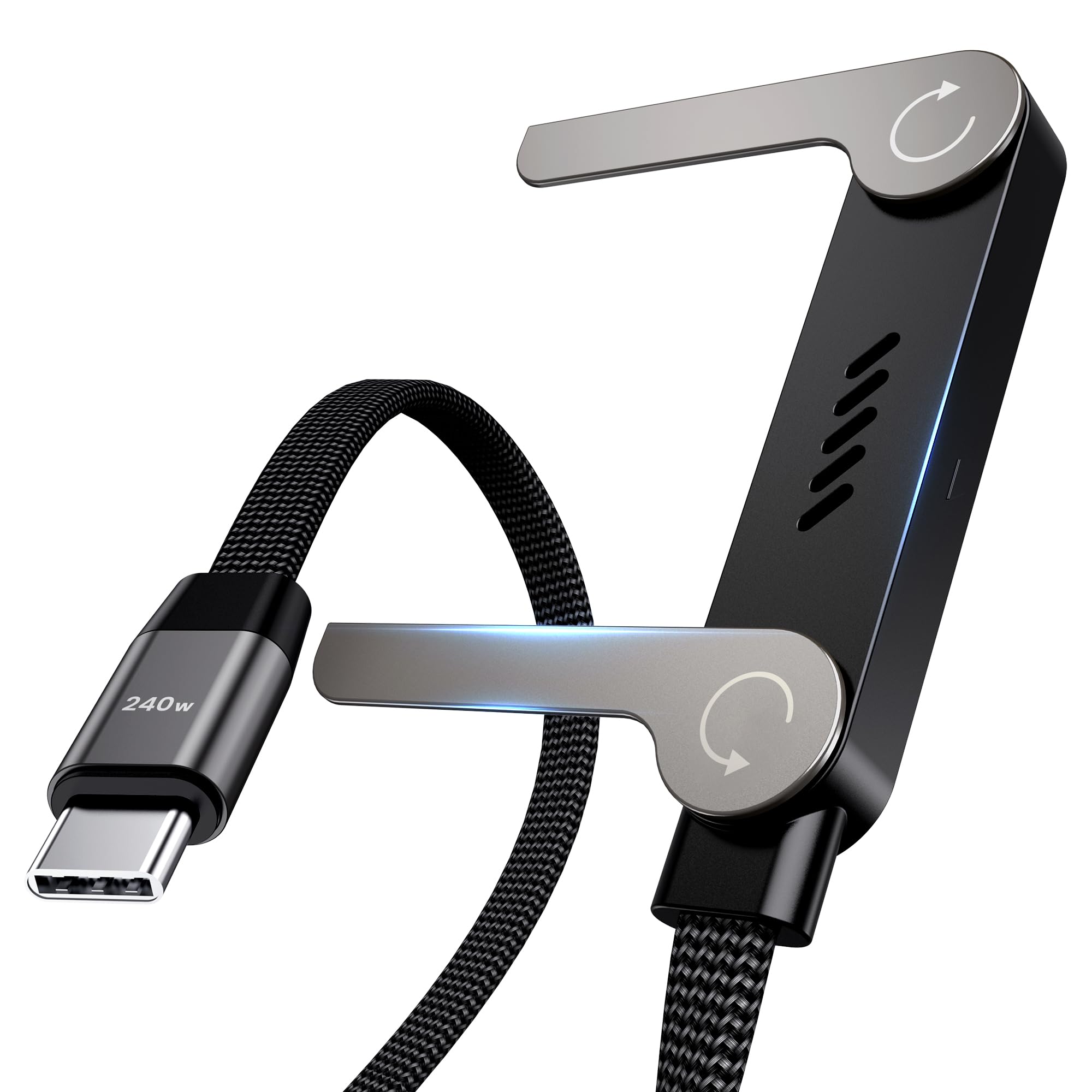LOOHOI USB C to USB C Cable, 240W Fast Charging Cable with Built-in Phone Stand (5 FT, Black), Durable Braided Type-C Cable with 90° Angled T-Shaped Stand (1PCS)