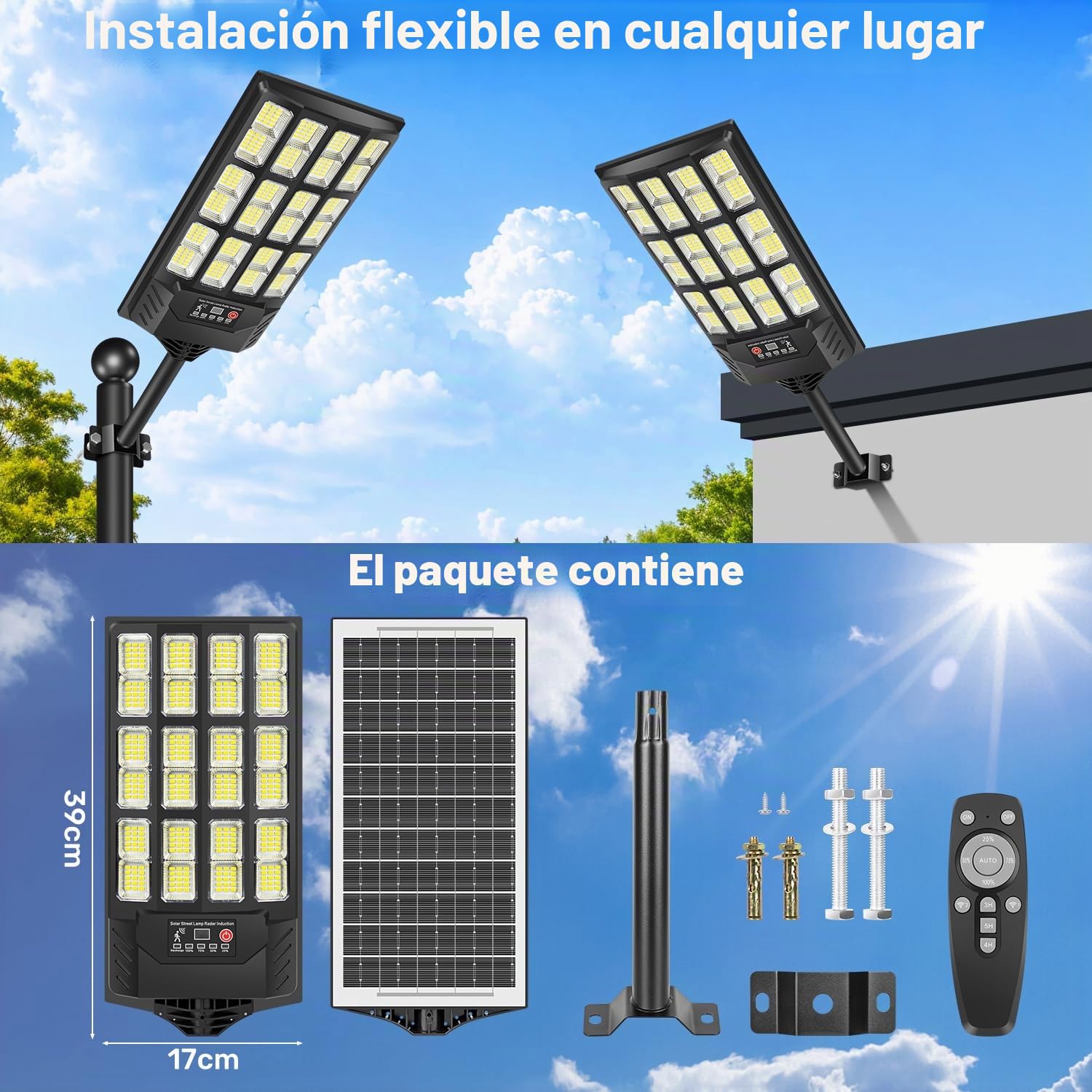 Farolas Solares Exterior, 6000K LED Focos Solar con Sensor de Movimiento y Mando a Distancia, IP66 Impermeable Lampara Solar Luz de Seguridad Exterior para Jardín Garaje Patio, 2 Pack