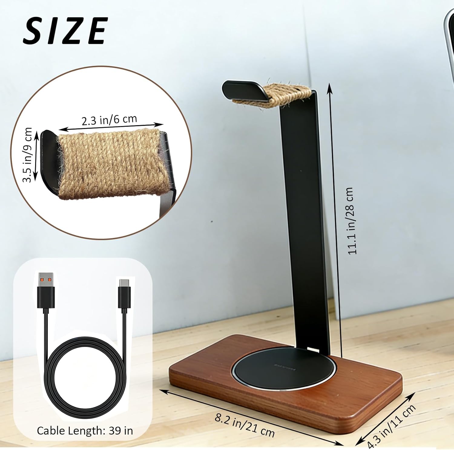 Handmade Solid Wood 2-in-1 Headset Stand with Wireless Charger 15W Max Fast,Wireless Charging Dock Compatible with iPhone 17/16/15/14 /Samsung Series,Universal Holder for All Desk Headphones