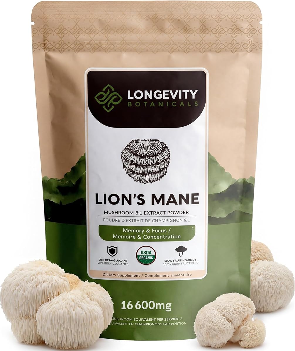 Longevity Botanicals Longevity Botanicals Organic Lion’s Mane Mushroom Extract Powder 100g | Concentrated 8:1 Ratio | 100% Fruiting Bodies | Hericium Erinaceus Nootropic Supplement for Focus, Memory & Brain Support