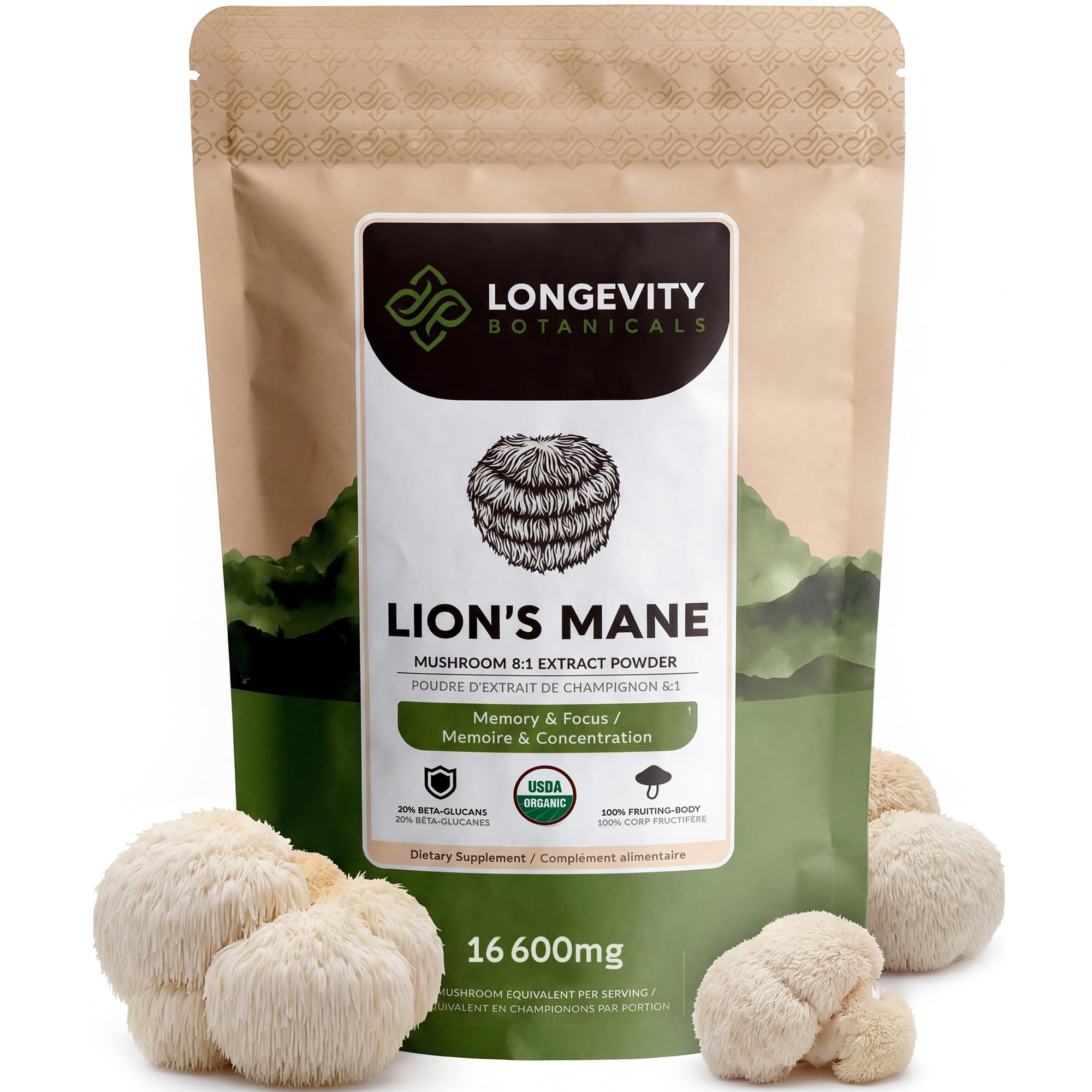 Organic Lions Mane Powder Mushroom Supplement 100g | Pure Fruiting Body 8:1 High Strength Extract | 20% Beta-D Glucans | 13,280mg Raw Equivalent Per Serving | Focus, Memory, Gut, Nerve & Brain Support