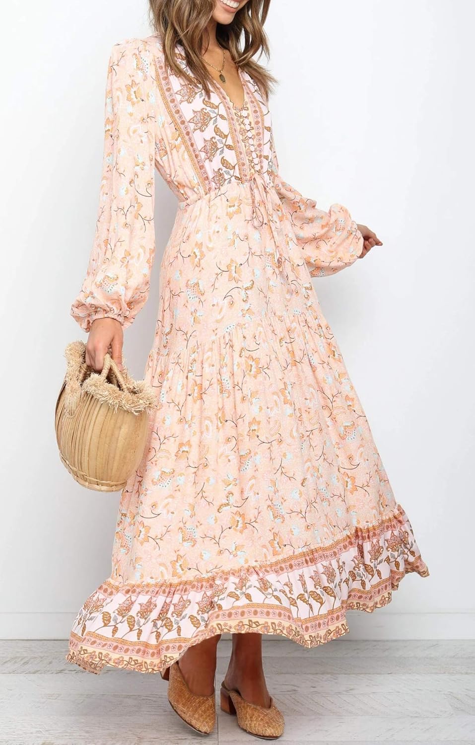 R.Vivimos Women's Long Sleeve Cotton V-Neck Button Up Floral Print Boho Flowy Midi Dresses - Image 5