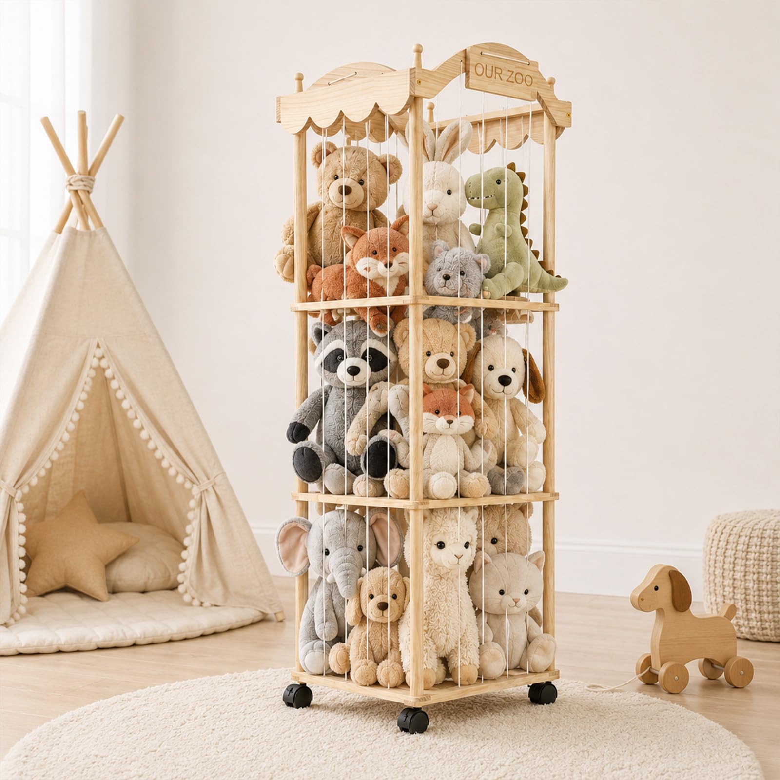Kuscheltier Aufbewahrung, Kuscheltierregal aus Holz mit mit 360° Bremse Ausgestattete Räde, 140×40×40 cm Plüschtieraufbewahrung mit 3 offenen Ebenen, Stofftierregal für Spielzimmer, Kinderzimmer