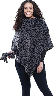 Linda Anderson Cozy Coat Printed Fleece Poncho Wearable Blanket with Gloves Set (Grey Leopard)