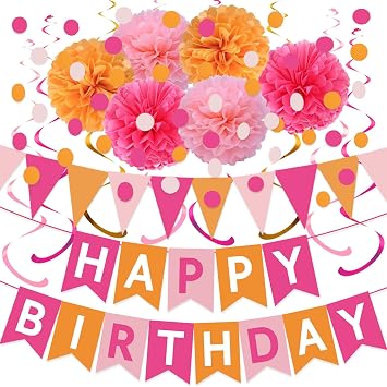Hot-Pink Orange Birthday Party Decorations, Rose Red Pink-Orange Happy Birthday Banner Tissue Pom Poms Streamers Pennant Circle Dots Garland for Girls Women Party Decorations