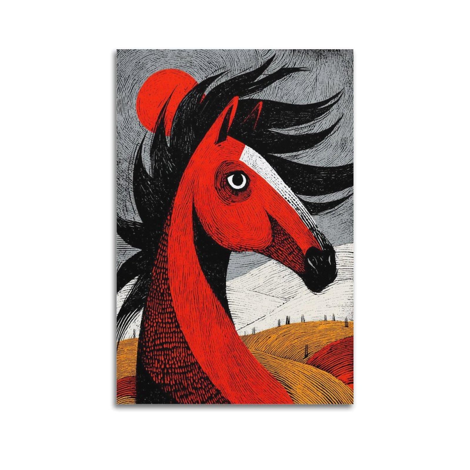 Xkuga Boys Unframe-Style Geometric Horse Red Poster Equine Folk Modern Portrait Modern Decorative Canvas Prints - Ideal Wall Art For Family, Man Cave, Game Room, & Girls Bedroom 20X30inch(50X75cm)