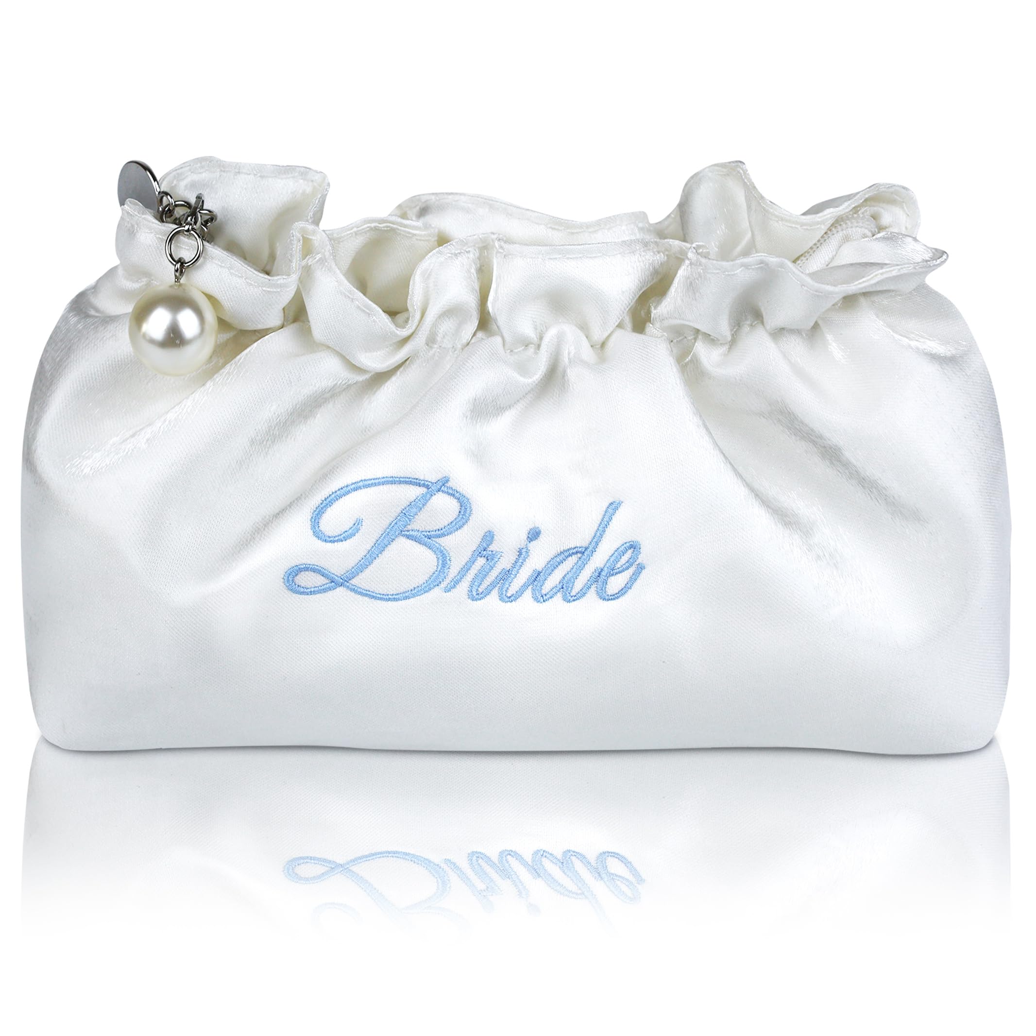 Embroidered Bride Cosmetic Bag| Creamy White Satin Something Blue Silk Makeup Bag Bling Pearl Bride To Be Purse for Bridal Shower Bachelorette Party Women Wedding Engagement Gift