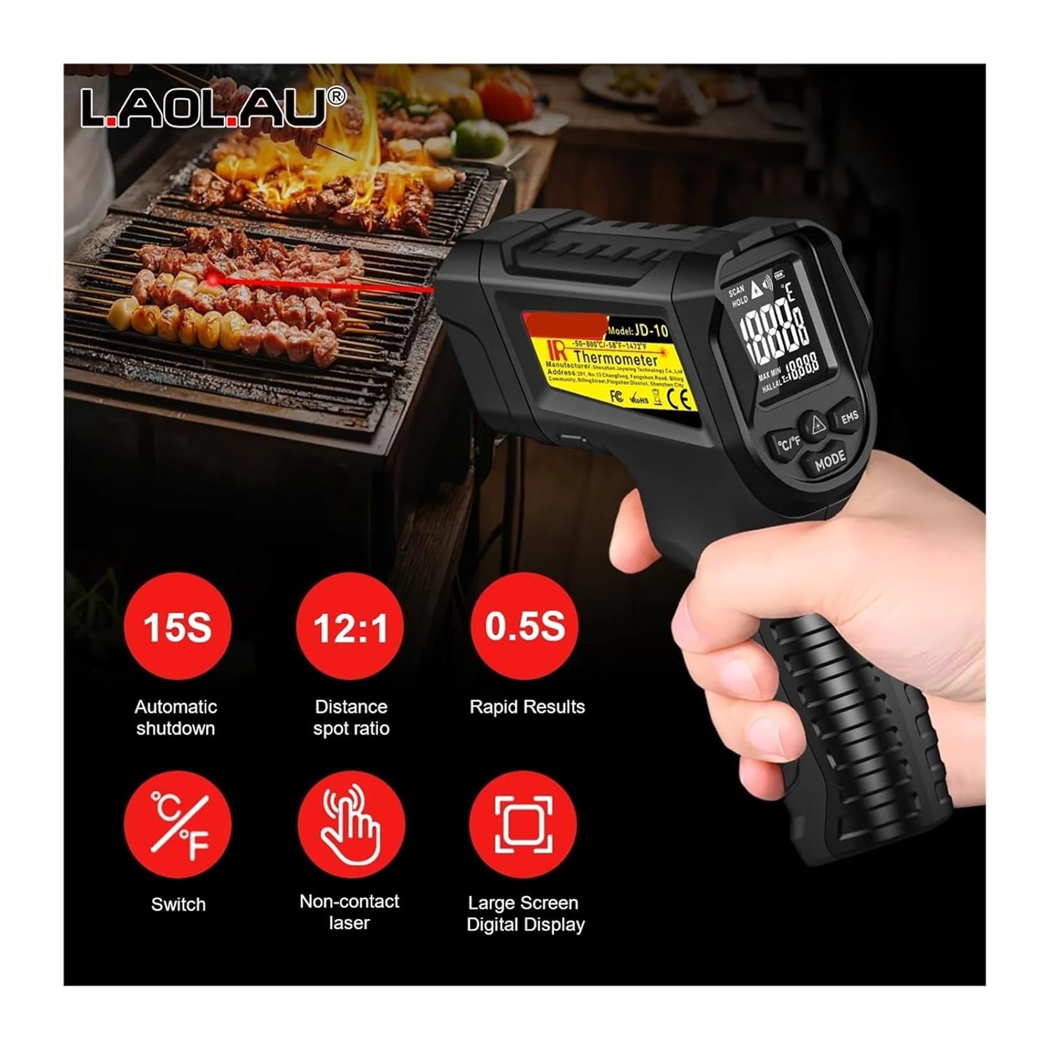 JD-10 Industrial IR Thermometer Gun -50°C~800°C Laser Temperature Gun High/Low Alarm Adjustable Emissivity Home/Factory/BBQ(Upgrade)