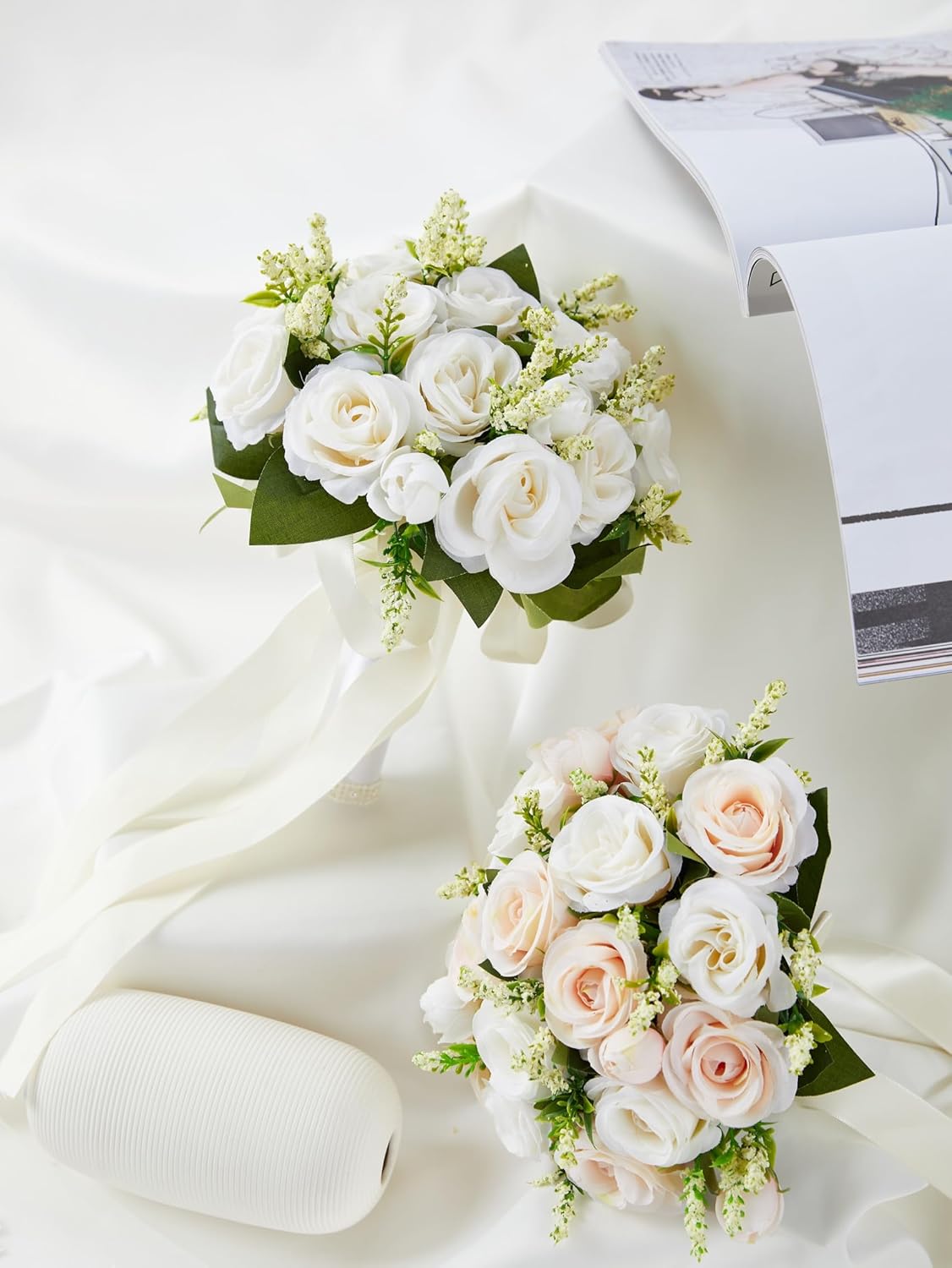 Meldel Ivory Wedding Bouquets for Bride Bridesmaid with Corsage and Boutonniere Set, 8 Inch White Champagne Artificial Roses Flowers Bridal Bouquet for Wedding Church Decoration,Ceremony, Anniversary - Image 2