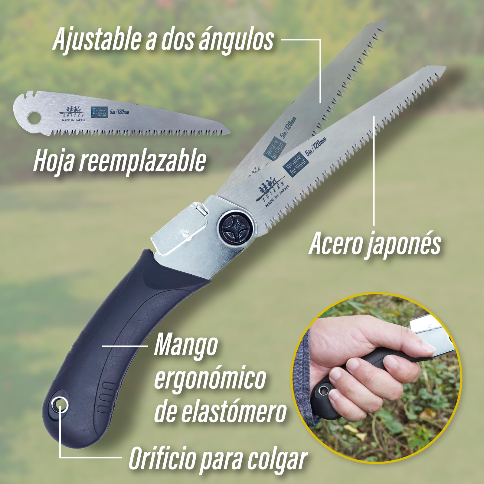 SUIZAN Sierra Plegable Japonesa 120mm Versátil para Madera - Serrucho de Poda Bushcraft Jardinería Carpintería Bricolaje