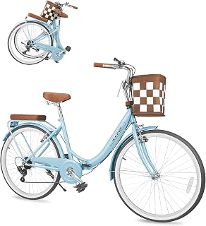 Foldable Beach Cruiser Bike,Stylish 26-Inch Women's Bike with Front Basket,7-Speed,Classic Paint,Streamlined Design,Ladies' Bike for Commuting,Fitness,and Vacation (Blue)
