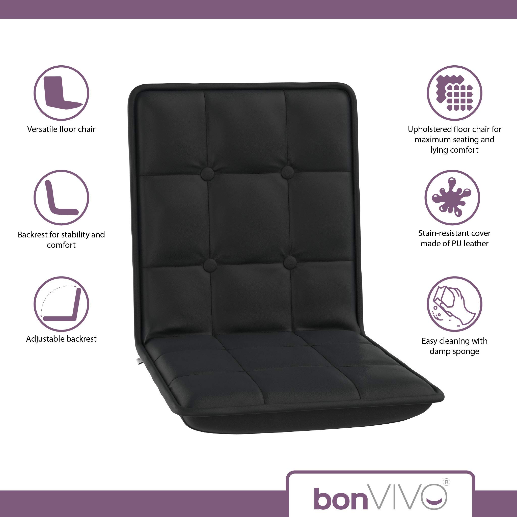 bonVIVO Easy Comfort, uniwersalne krzesło podłogowe, czarne siedzisko podłogowe, regulowane oparcie, składane, wyściełane krzesło podłogowe do TV, gracza, krzesło medytacyjne, krzesło do czytania