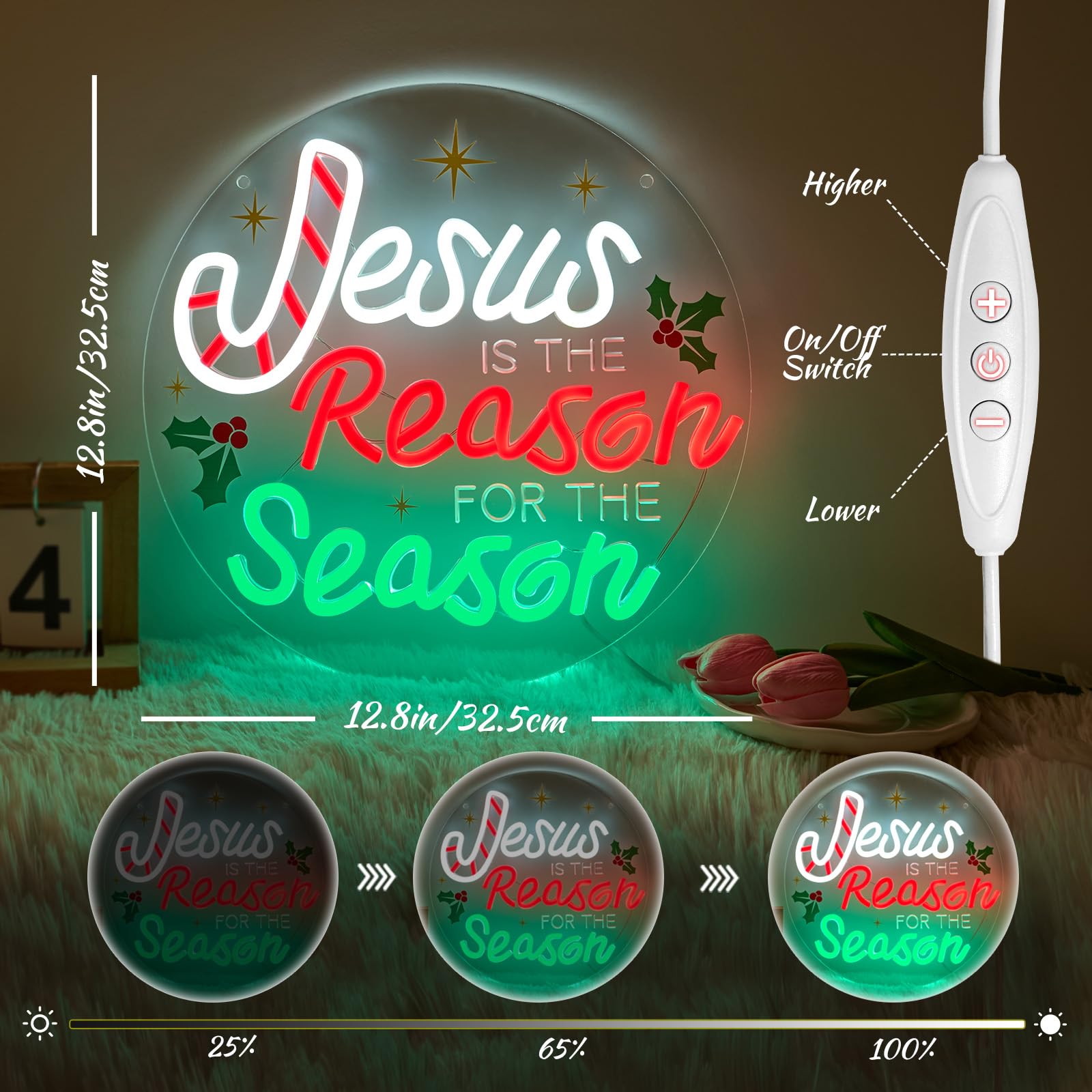 Letrero de neón con texto en inglés "Jesus Is the Reason for the Season" - Letrero de neón cristiano de Navidad, decoración de pared, Jesús es la razón, letrero LED acrílico para pared