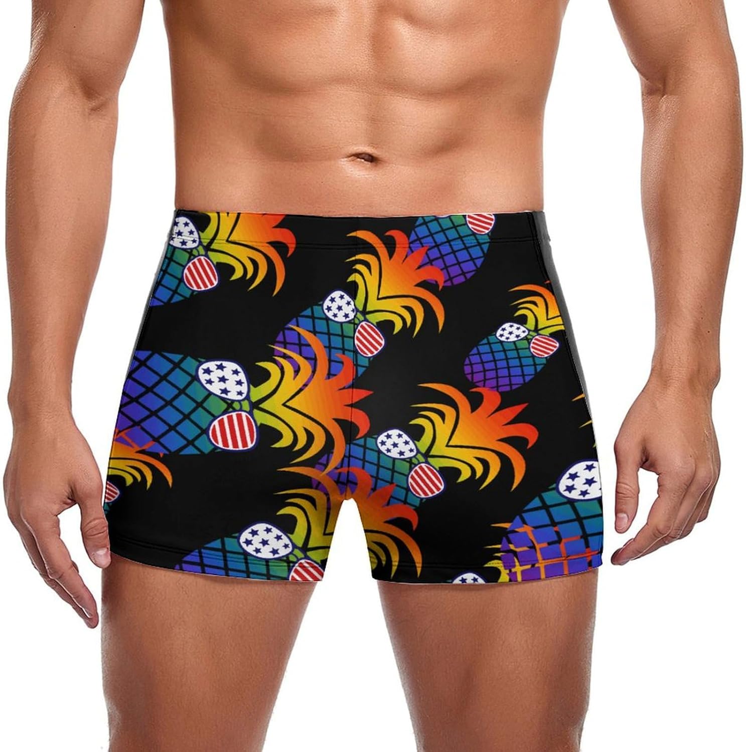USA Flag Pineapple Men's Square Leg Swim Briefs Athletic Swim Trunk Beach Swimwear Bathing Suit