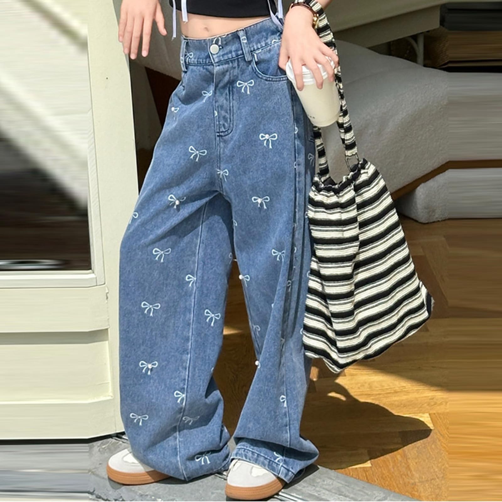 Pantaloni Outdoor Per Ragazze Ragazze Moda Personalità Pantaloni Elastico Vita Larga Gamba Jeans Stampa Fiocco Casual Demin Pantaloni Con Tasche S Ragazza Pantaloni 98