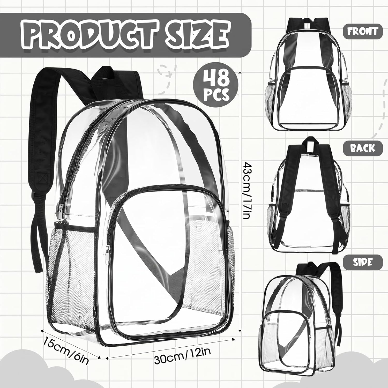 Amylove 48 Pcs Clear Backpack bulk for Stadium Events Heavy Duty PVC Transparent Bookbag for College Workplace Security (17 Inches,Blacks)