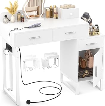 iSunirm Dressing Table Vanity Desk with 4 Storage Drawers - Modern Makeup Desk with Charging Station, Vanity Desk with Reversible Cabinet Table Set with Divided Organizers for Women Girls