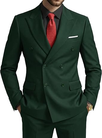 Mens Slim Fit 2-Piece Suit with Stretch Fabric, Double-Breasted Blazer Pants for Party, Business and Wedding