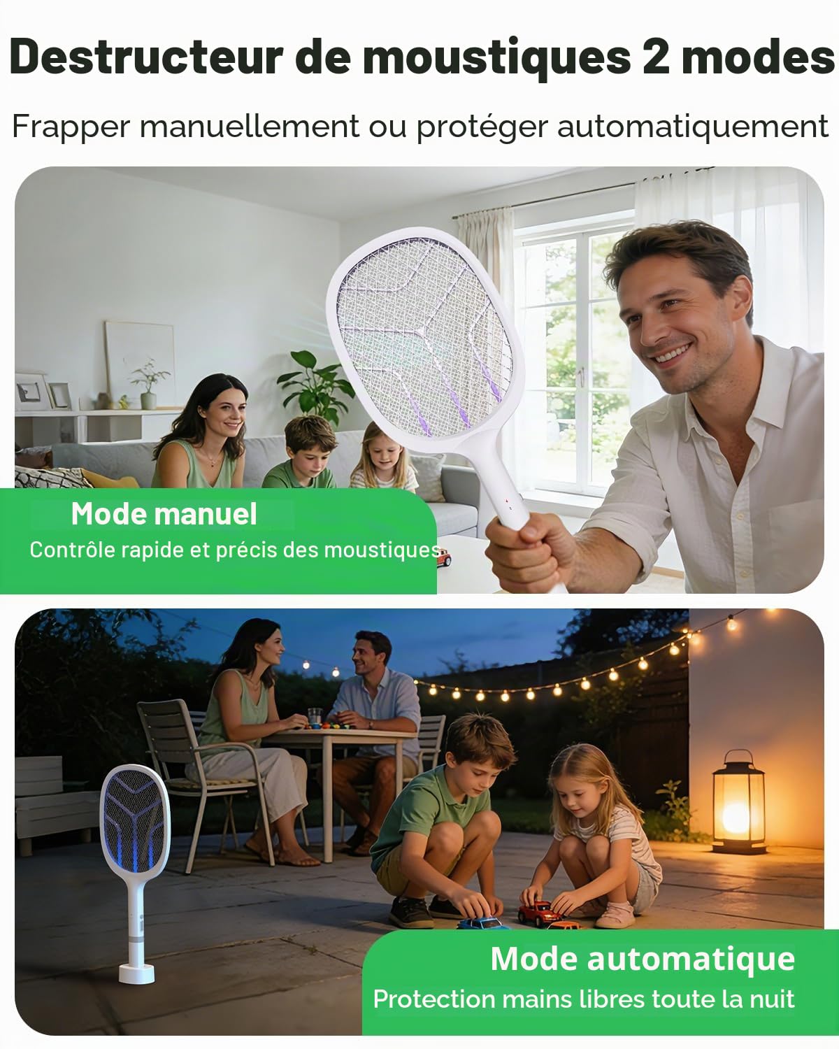 Raquette Électrique Insectes 4800V Anti Moustique 2 en 1 avec Lumière UV Rechargeable USB-C 2000mAh