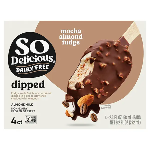 So Delicious Dairy Free Almond Milk Dipped Frozen Dessert Bar, Mocha Almond Fudge, Vegan, Non-GMO Project Verified, 4 Count (Pack of 1) 10