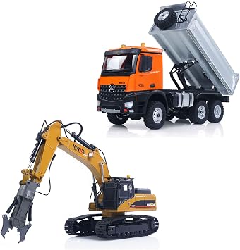 HUINA 1/14 32CH Alloy RC Excavator 1580 Plastic RTR Dump Truck 1598 | US in Stock, RC Digger Manual Quick Coupler Log Grapple Metal bucket Breaker Hammer, Portable Color Gift Case, Family Set