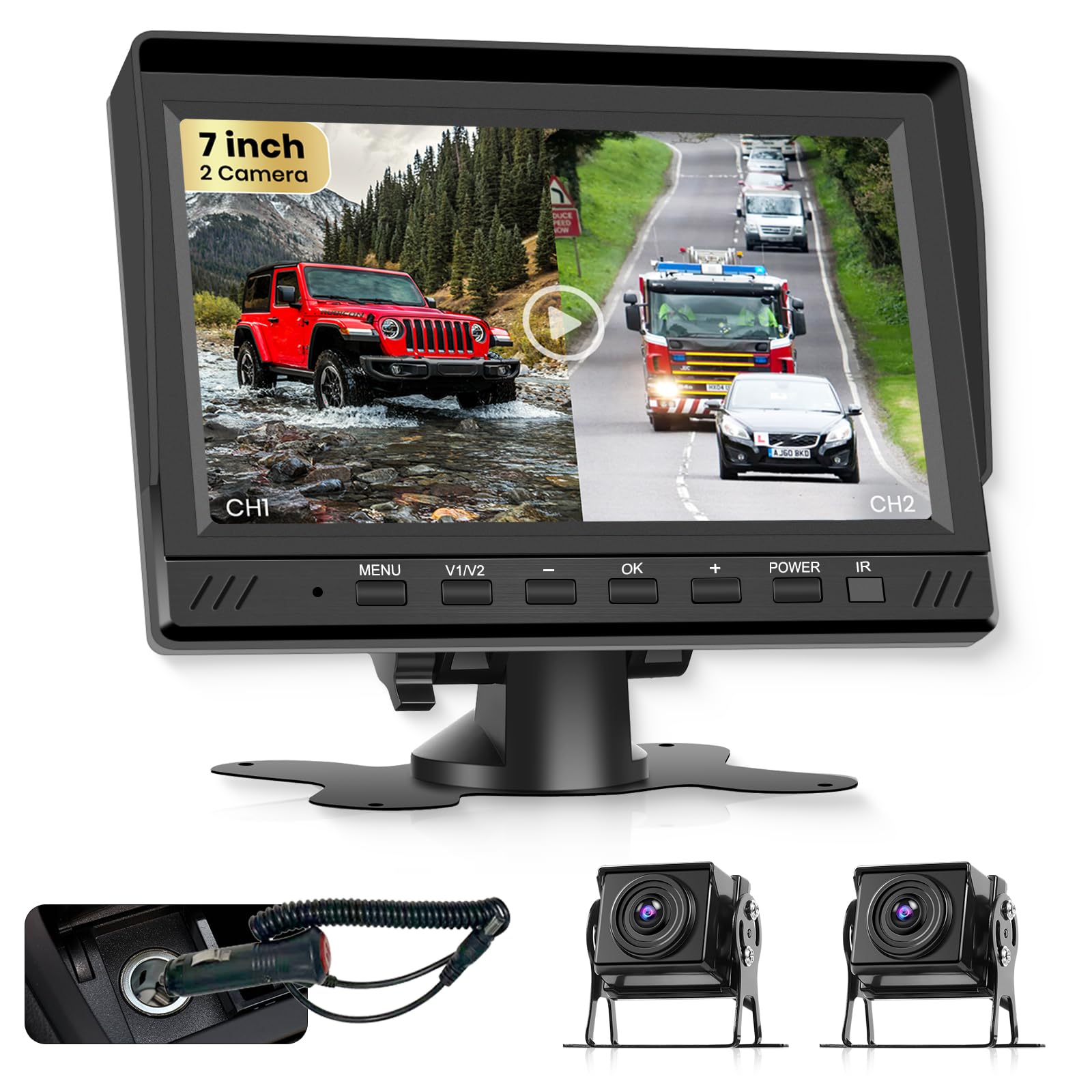 VECHTEL 2*Rückfahrkamerakabel mit 7"-Monitor, Einparkhilfe, 18-LED-Rückfahrkamera, Nachtsicht/IP68 wasserdicht für SUVs, Loop-Videoaufzeichnung mit 64-GB-SD-Karte, 12–24 V DC