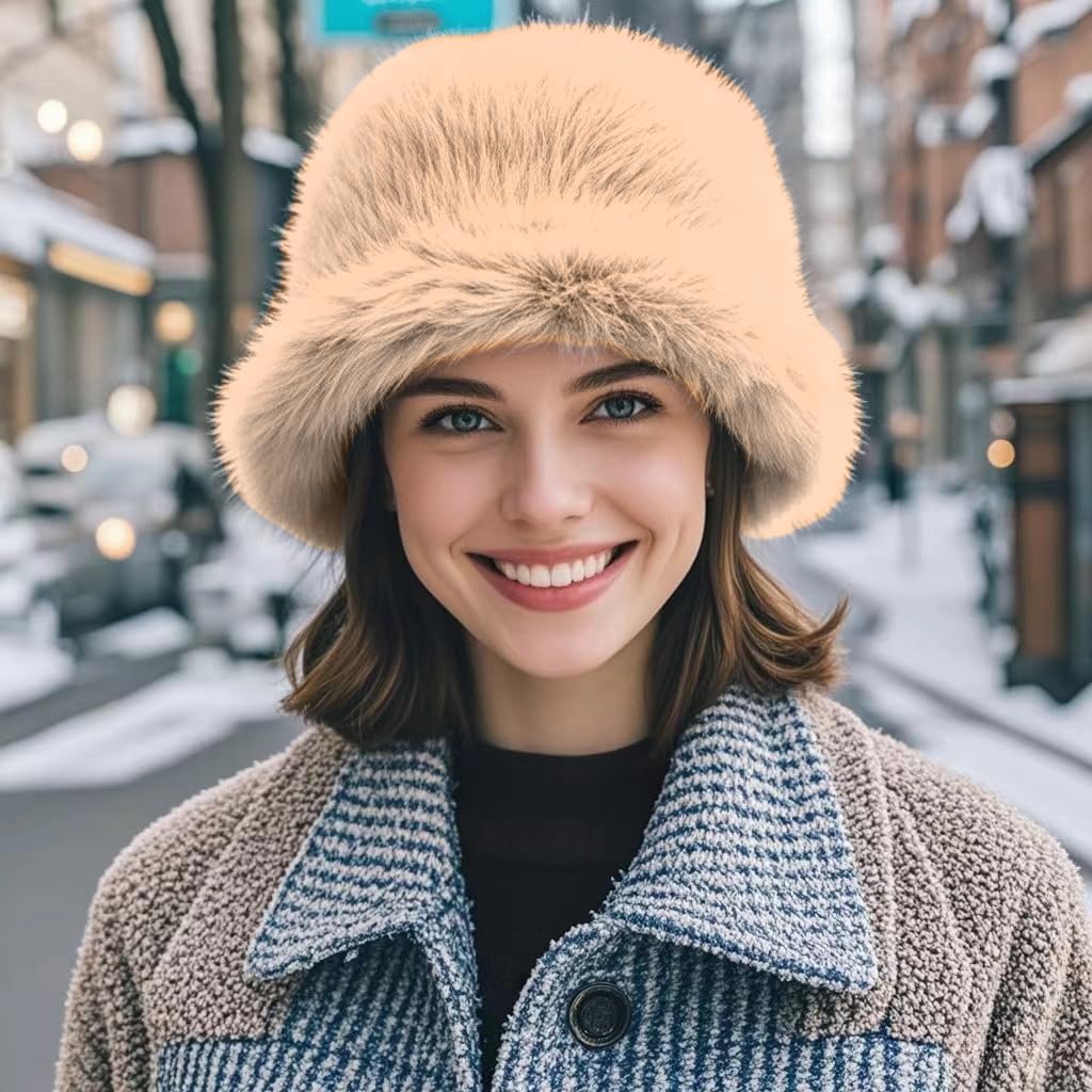 Women's Winter Faux Fur Fuzzy Warm Bucket Hat Shearling Wide Brim Fisherman Plush Hats for Women - Image 3