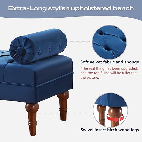 Miniatura 4 de Batohom Banco de 60.2 pulgadas, banco de terciopelo de tamaño grande para dormitorio, banco de ventana tapizado con botones, banco de entrada, banco
