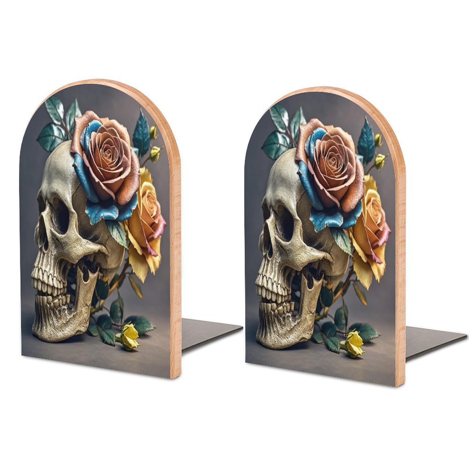 Leather Rose Skull Bookend for Shelves Unique Book End Sturdy Books Holder Heavy Duty Wooden Bookends Support Non-Slip Book Organizers Decorative Modern Bookend Holder for Home