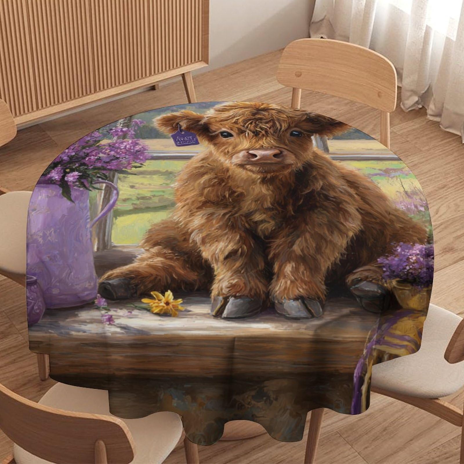LUYYSKY Colorful Realistic Highland Cow Waterproof Round Tablecloth Abstract Watercolor Farm Plants Floral Animals Highland Cow Print Washable Table Cover for Kitchen-177.8" Wx177.8 L cm