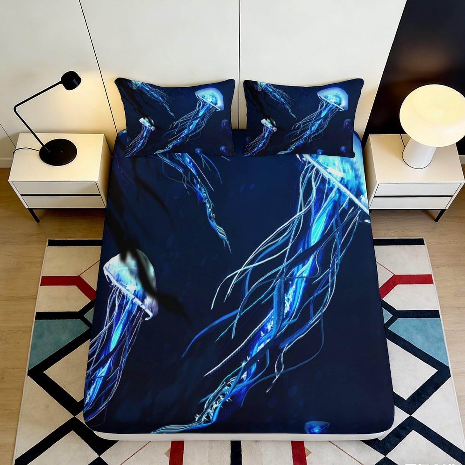 3D Printed Blue Jellyfish Fitted Sheet Microfiber Soft Non Slip Ocean Underwater Mattress Cover for Bedroom Dorm Decor 90x200x25cm