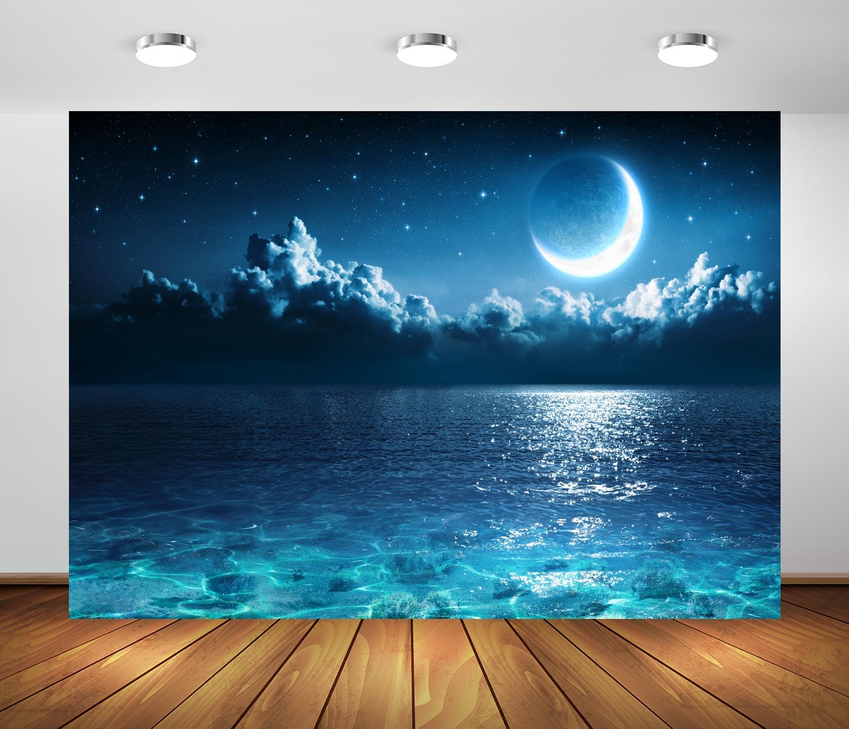 Loccor 7x5ft Fabric Moon on Sea Backdrop Night Cloudy Sky Moon Stars Blue Ocean Background Moon Night Backdrop for Moon Party Decorations Photo Studio