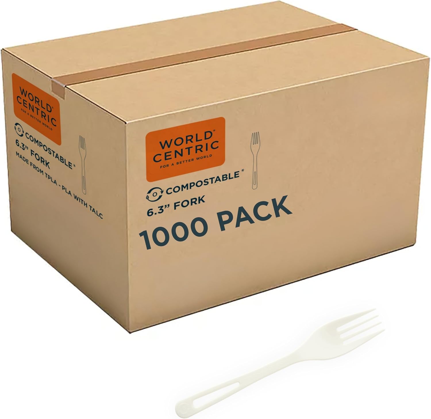 World Centric Compostable TPLA Fork, 6.3" (Pack of 1000), Made from Plants and Minerals, White Bioplastic Utensil, Sustainable, Strong, Heat Resistant, No Added PFAS