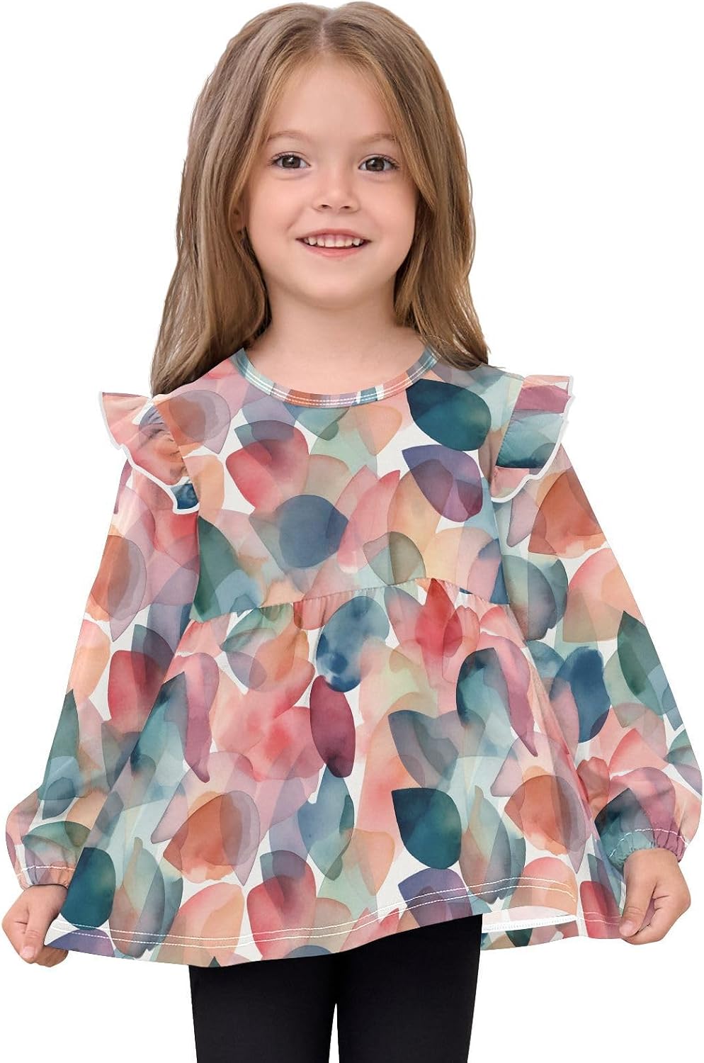 visesunny Toddler Clothes for Girls Watercolor Petal Floral Long Sleeve Fall Shirts Cotton Top with Ruffle Collar
