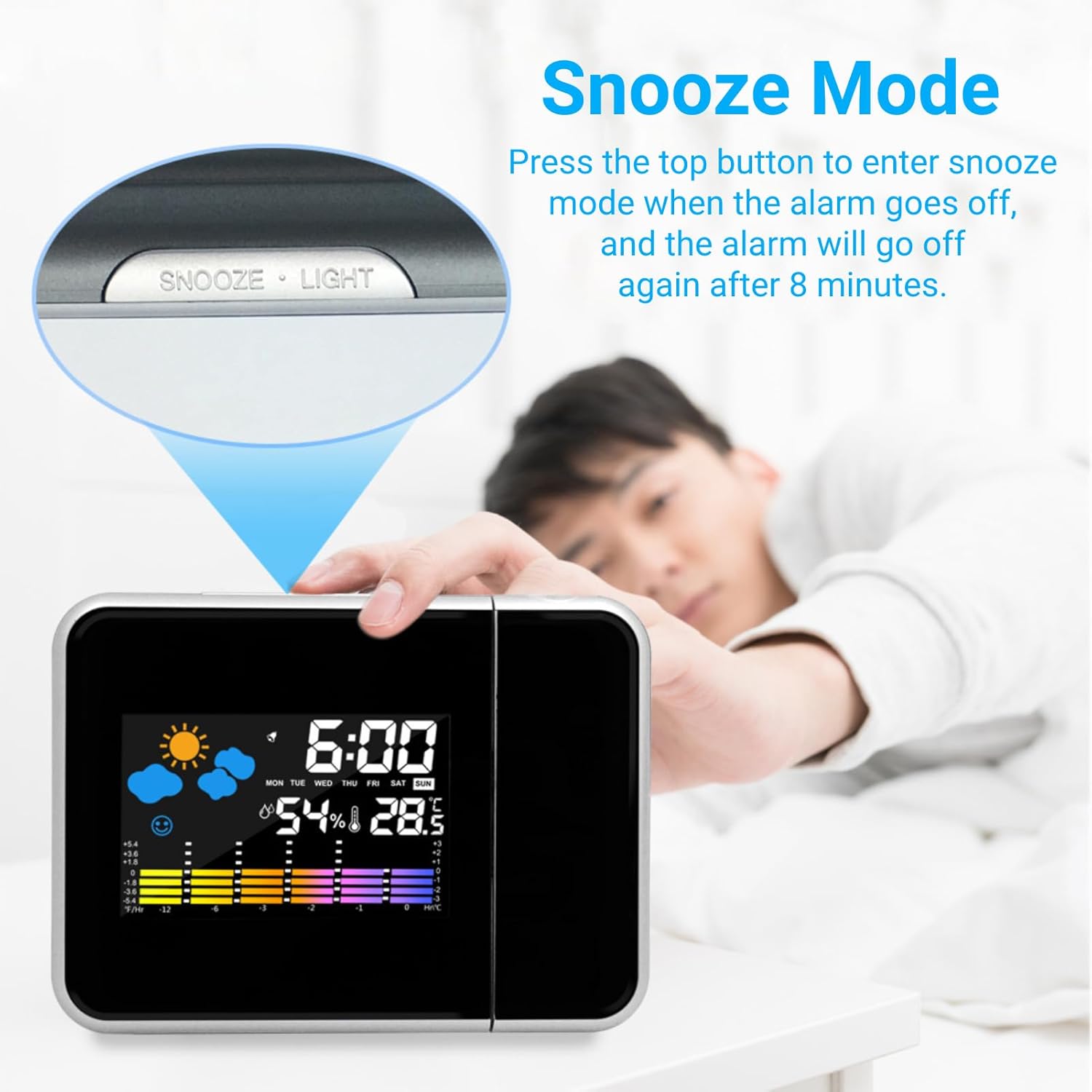 Diyeeni Projection Alarm Clock with 'SNOOZE LIGHT' button highlighted, showing a person reaching for it.