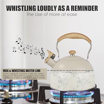 Whistling Kettle, 2.5L Stainless Steel Stove Top Whistling Tea Kettle with Wood Grain Handle, Teapot for Gas Hobs, Induction, Cooker and Electric Hobs (Beige)