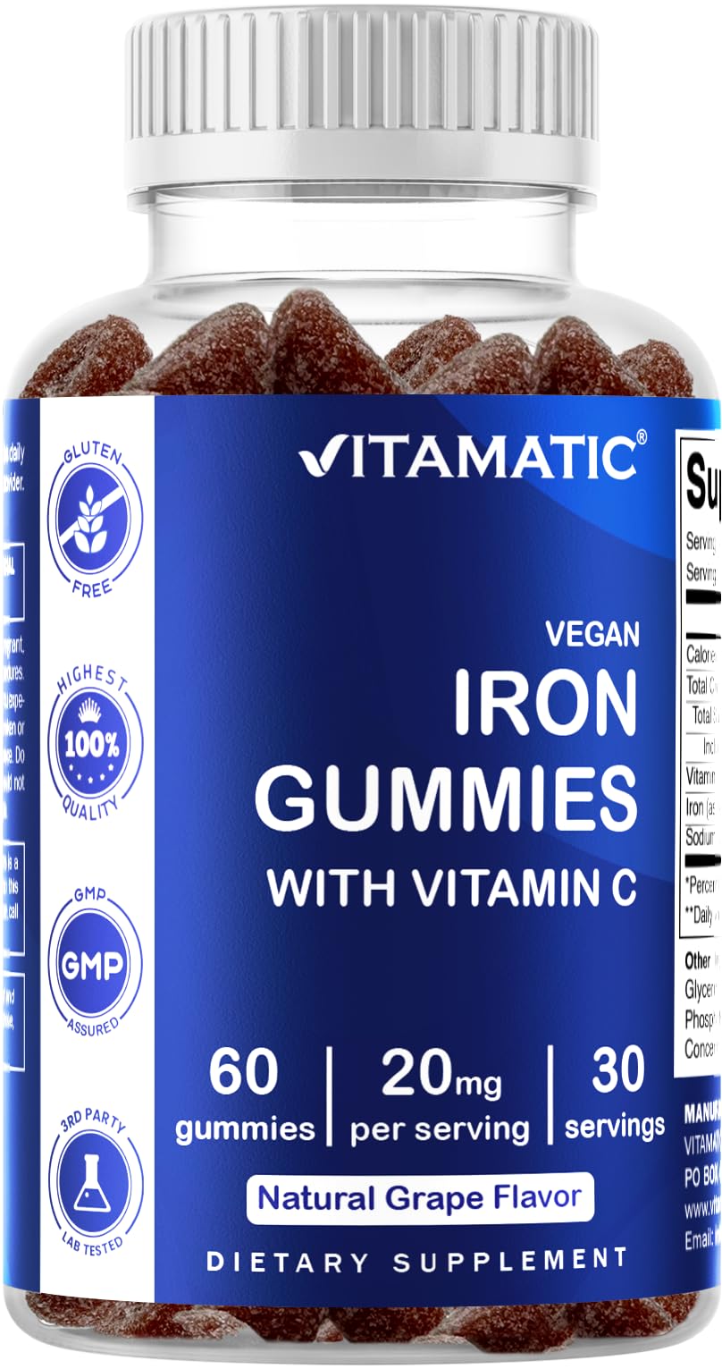 Vitamatic Vegan Iron 20 mg with VIT. C, 60 Natural Grape Flavor Gummies