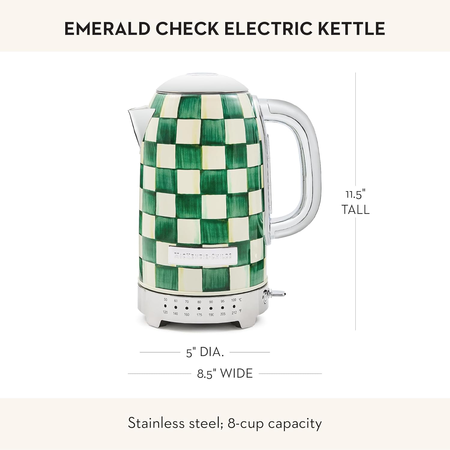 MACKENZIE-CHILDS Stainless-Steel Electric Kettle Bundle with Stainless-Steel 2-Slice Toaster, Green-and-White Emerald Check