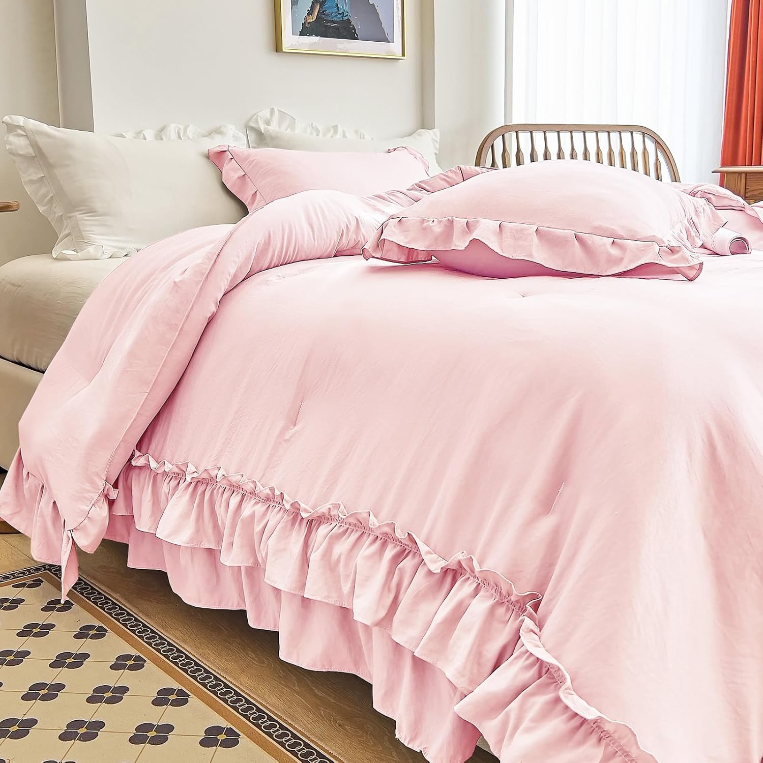 AIKASY Peach Pink Ruffle Comforter King, 3 Pieces Vintage Ruffle Fringe Comforter, Farmhouse Rustic Microfiber Down Alternative Bedding Comforter Set (1 Comforter + 2 Pillow Shams) - Image 7