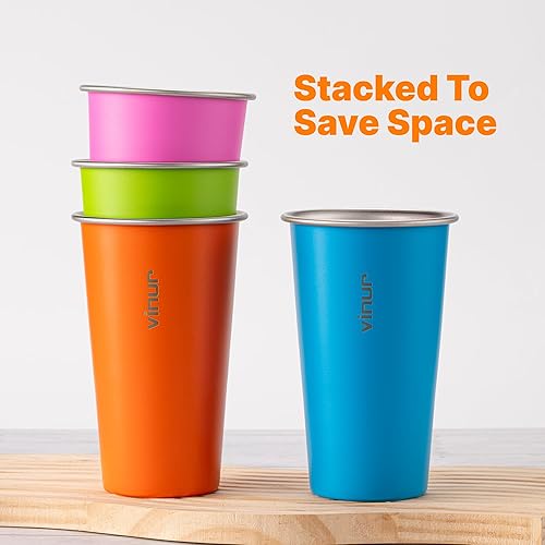 Miniatura 2 de VINUR Vasos de acero inoxidable de 20 onzas, paquete de 4 vasos apilables de metal para viajes, campamento, exteriores (azul cielo, naranja, rosa